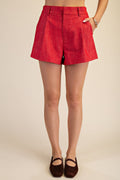Red Pleated High Waist Shorts