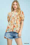 Mix Floral Puff Sleeve Split-Neck Blouse