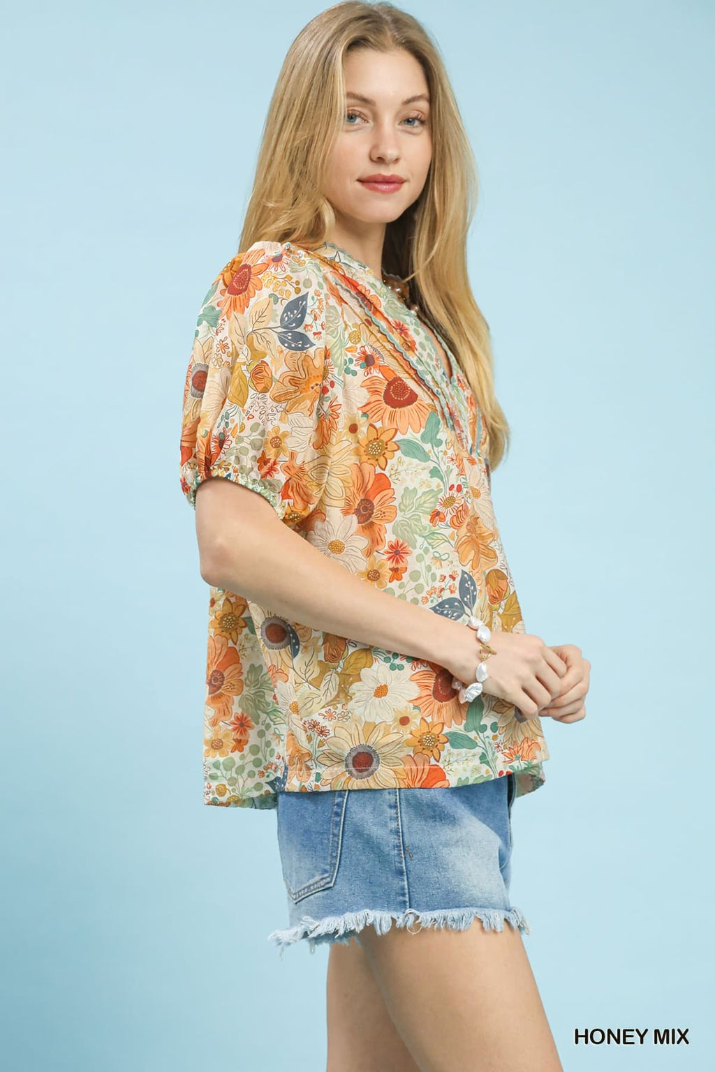 Mix Floral Puff Sleeve Split-Neck Blouse