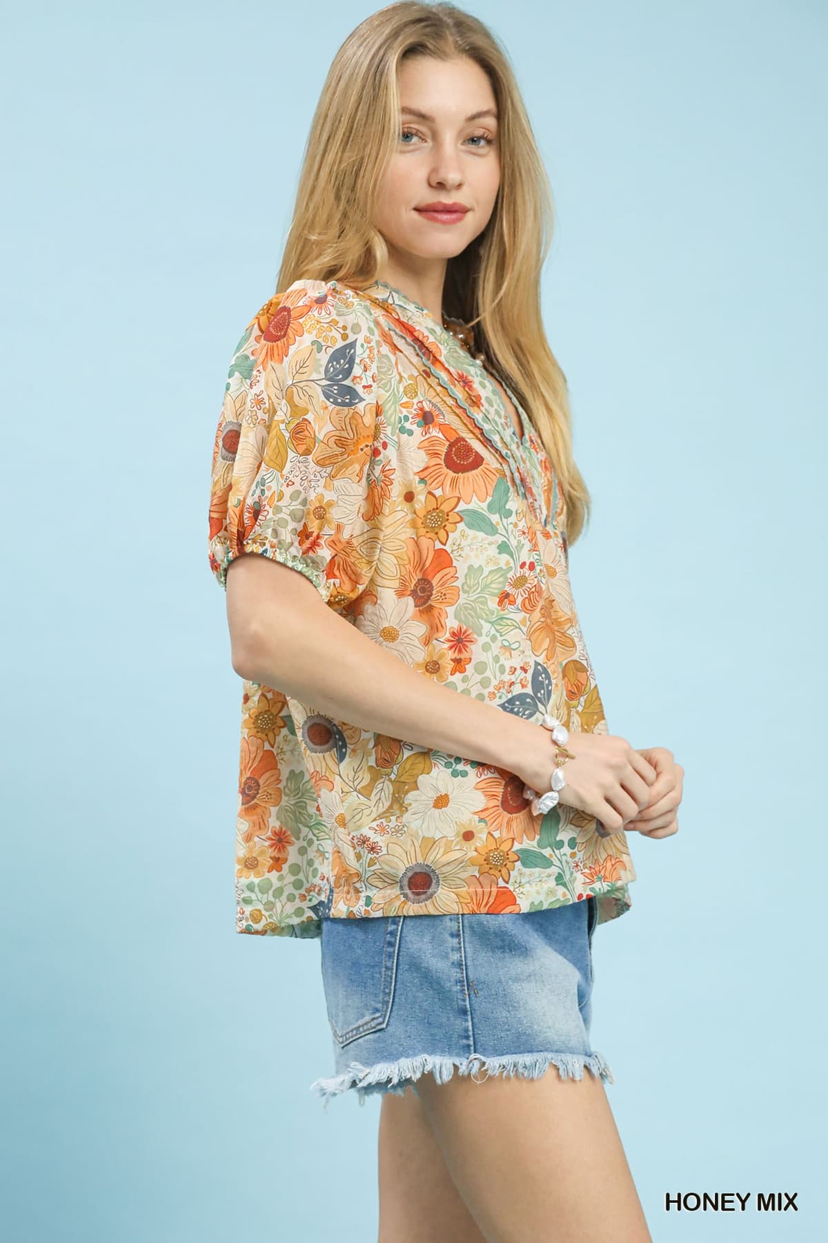 Mix Floral Puff Sleeve Split-Neck Blouse