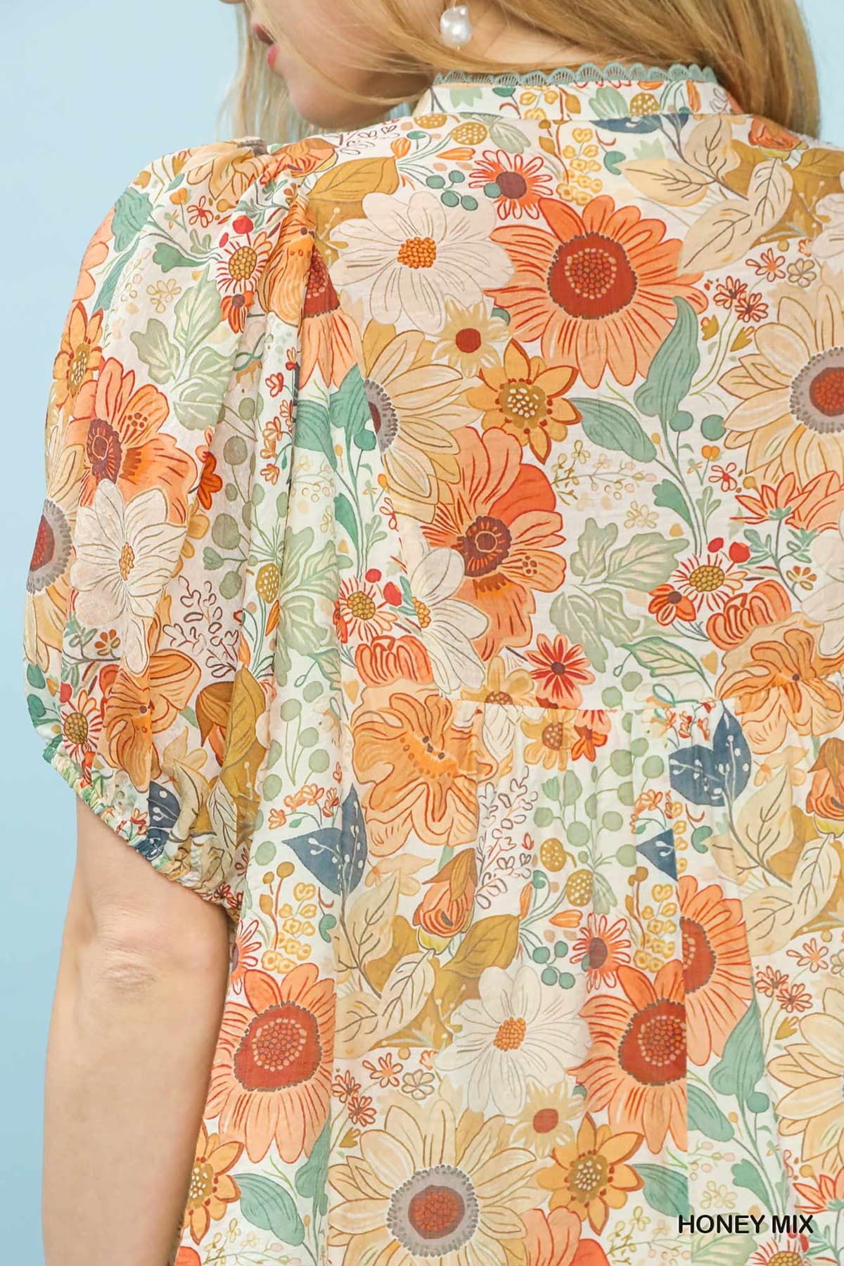 Mix Floral Puff Sleeve Split-Neck Blouse