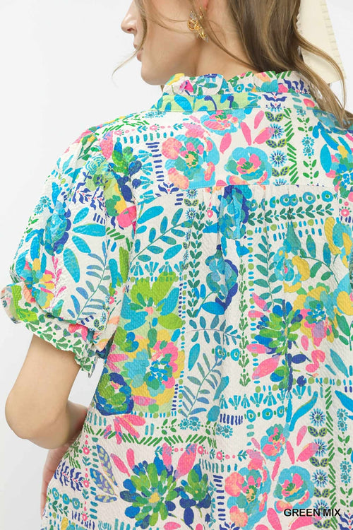 Botanical Print Flutter Sleeve Blouse