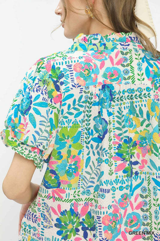 Botanical Print Flutter Sleeve Blouse