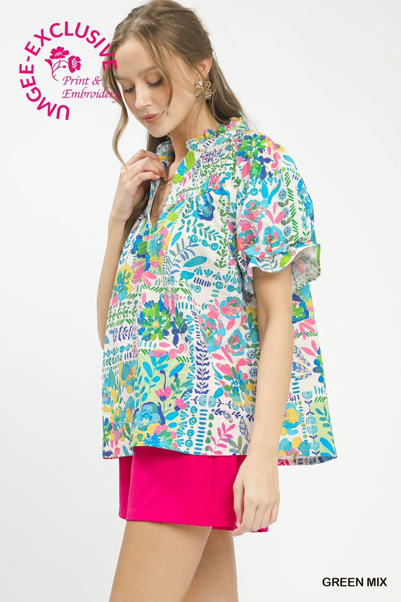 Botanical Print Flutter Sleeve Blouse