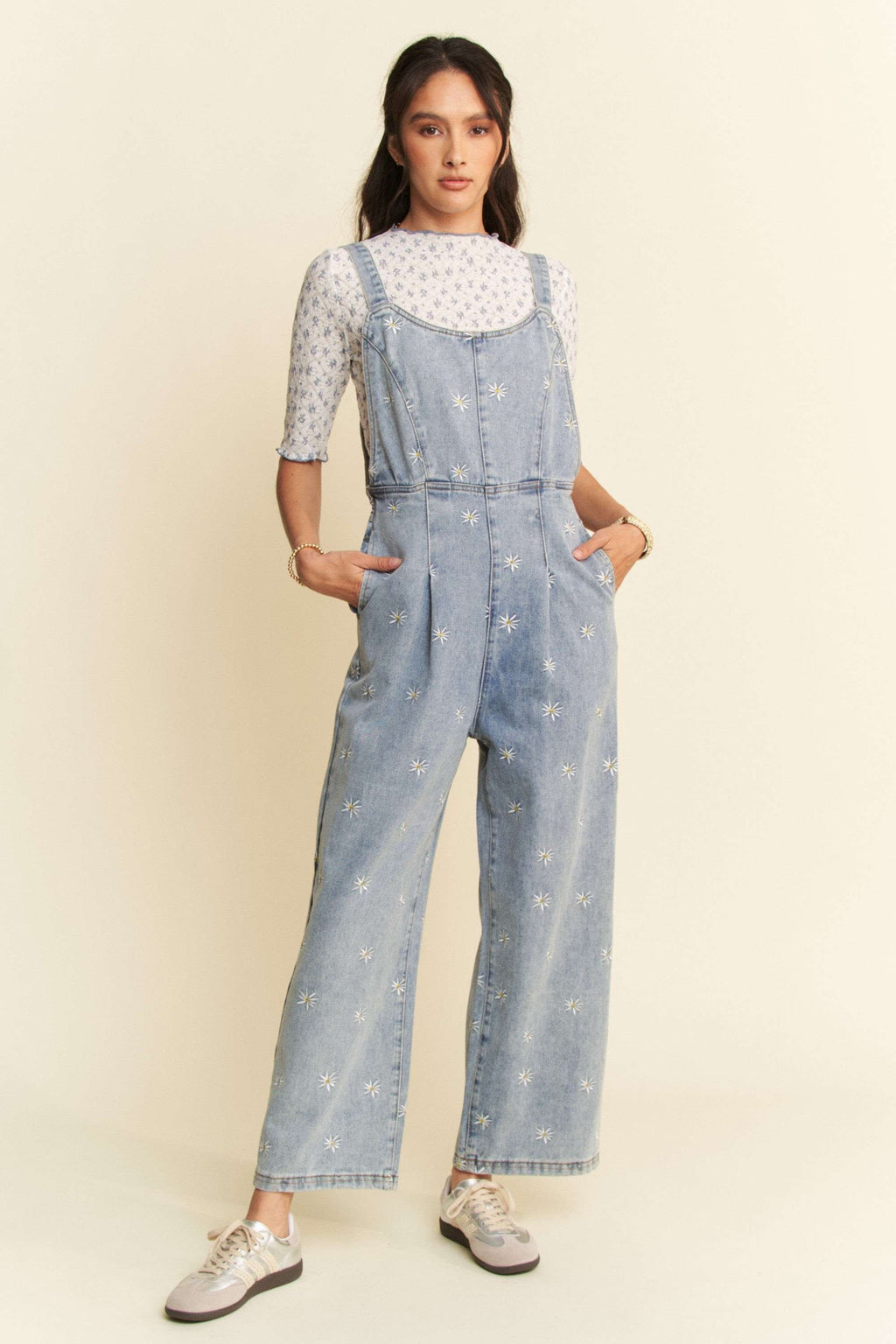 DAISY EMBROIDERED PATTERN SIDE POCKET DENIM JUMPSUIT OVERALLS