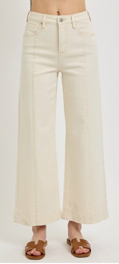 Risen high rise crop wide pant denim jeans color ivory
