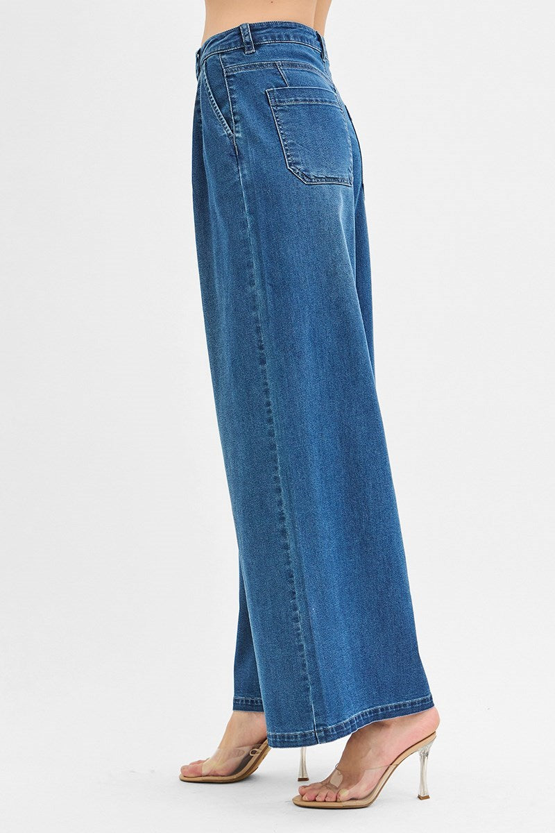 SLOUCHY WIDE LEG KNIT DENIM LOOK JEANS WITH PLEATS