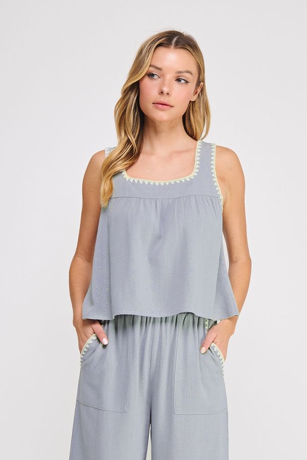 Sleeveless Sage Blue Embroidered Top