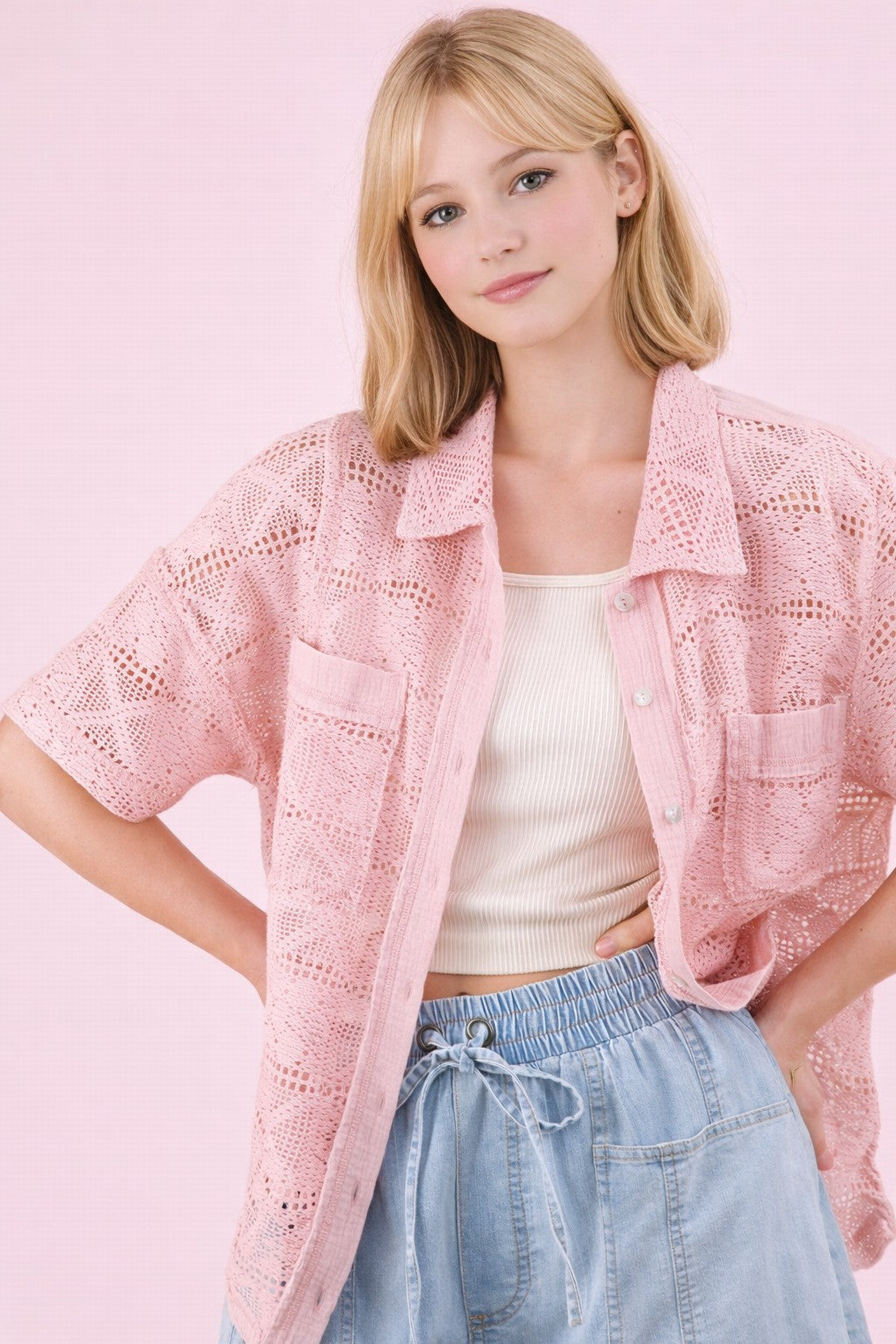 Light Pink Crochet Knit Button-up Shirth