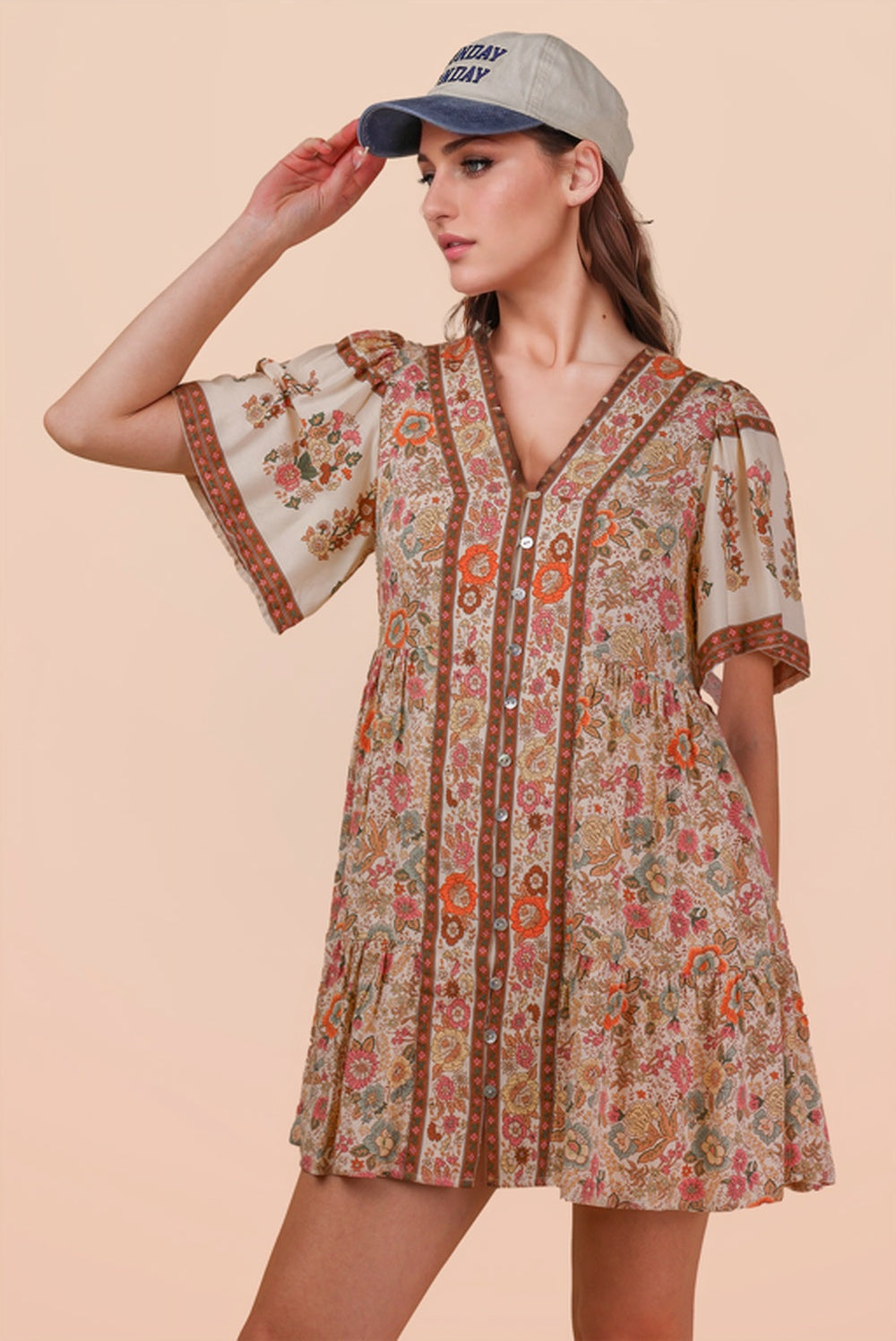 Short Printed Dress w/ Buttoned Front and Flowy Sleeves