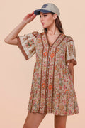 Short Printed Dress w/ Buttoned Front and Flowy Sleeves