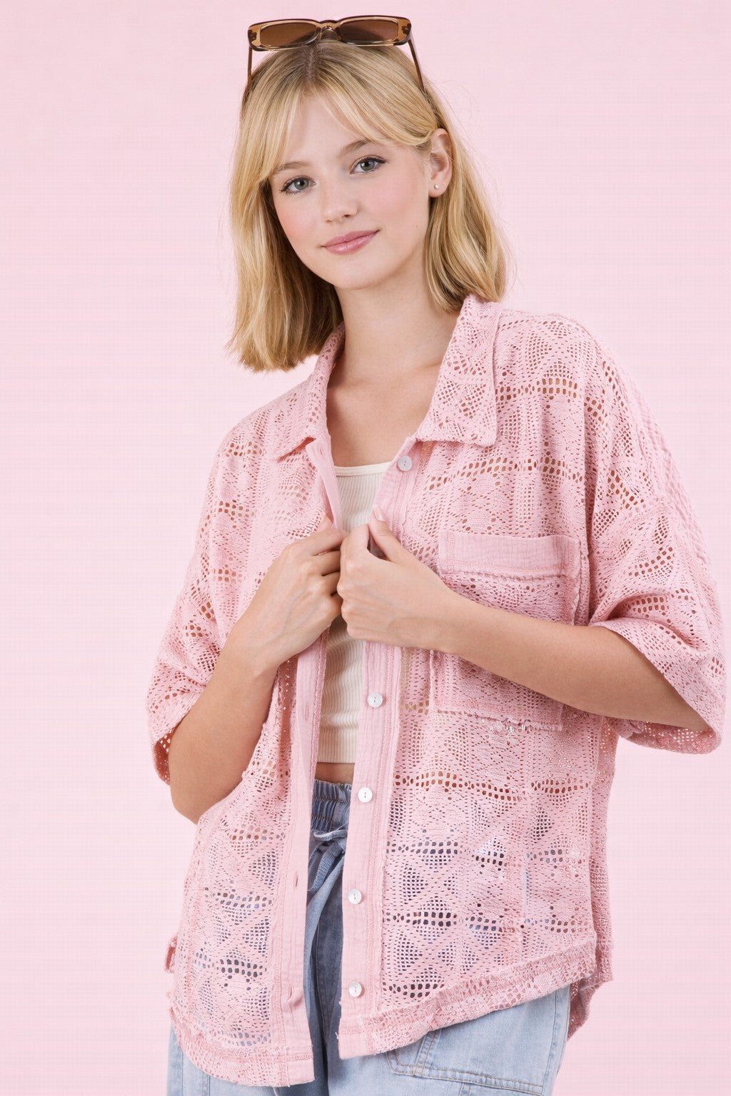 Light Pink Crochet Knit Button-up Shirth
