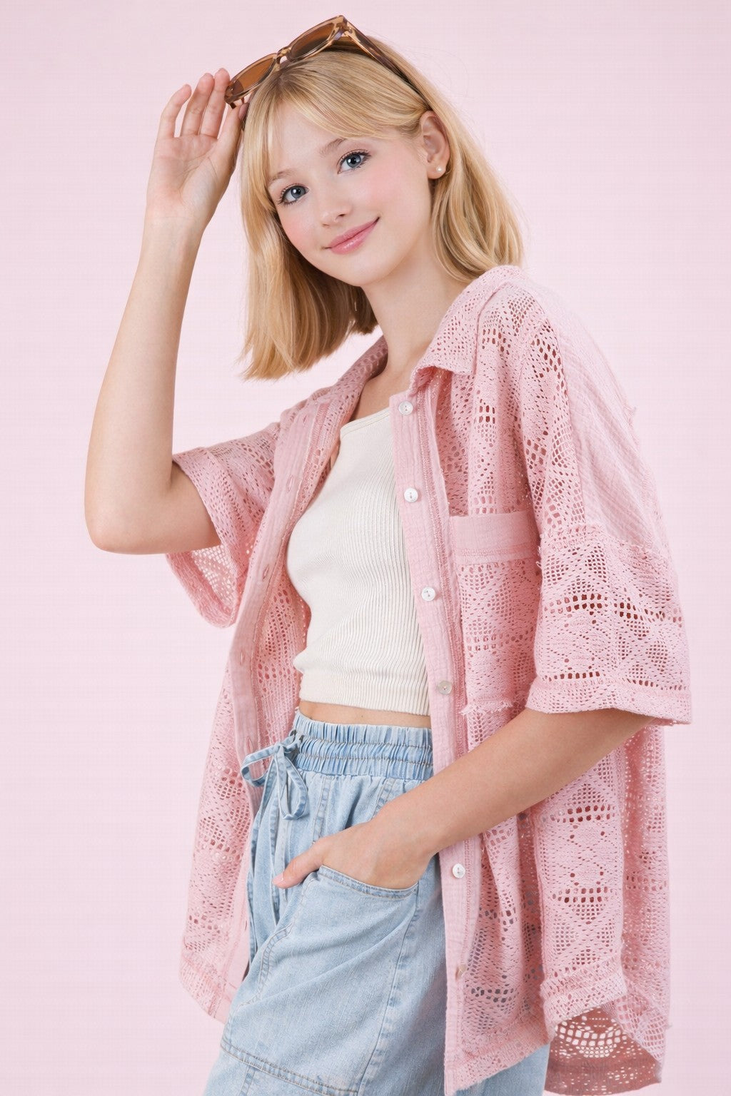 Light Pink Crochet Knit Button-up Shirth