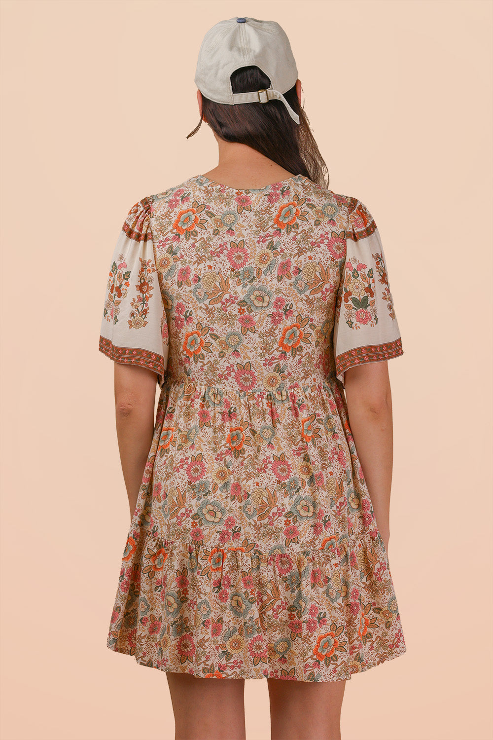 Short Printed Dress w/ Buttoned Front and Flowy Sleeves