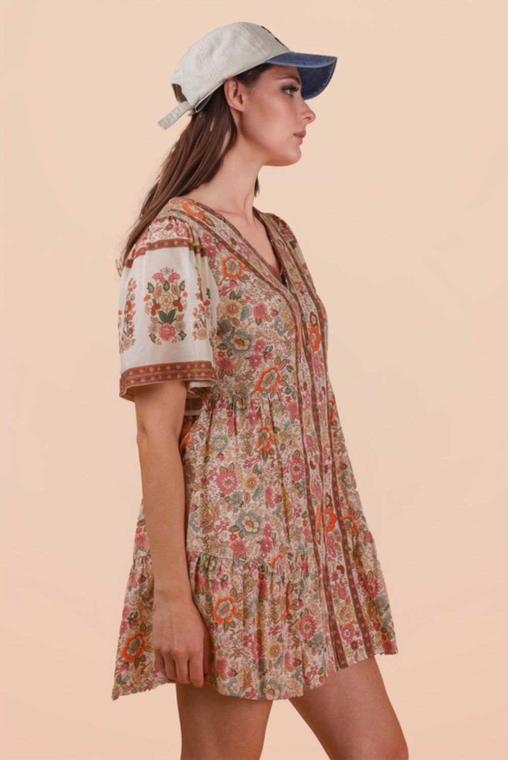 Short Printed Dress w/ Buttoned Front and Flowy Sleeves