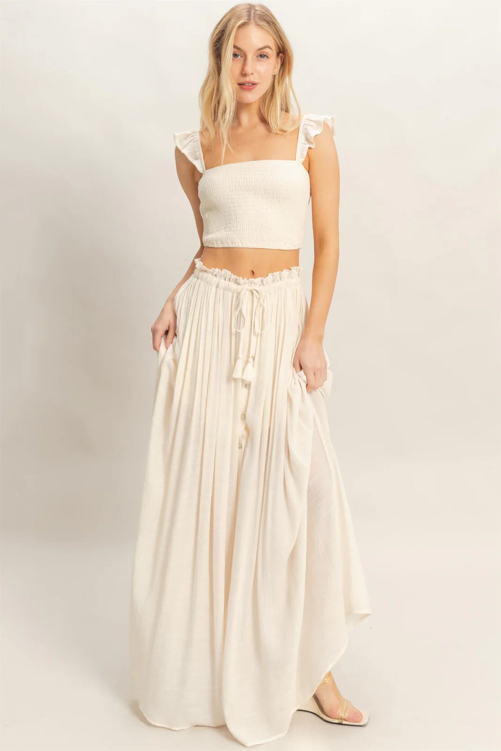 Cream Boho Maxi Skirt w/ Front Buttons and Slit