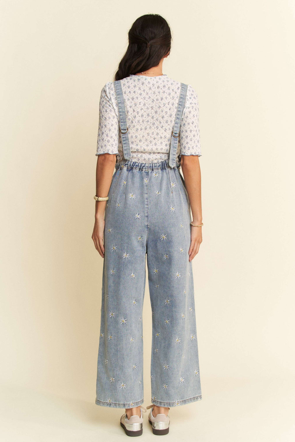 DAISY EMBROIDERED PATTERN SIDE POCKET DENIM JUMPSUIT OVERALLS