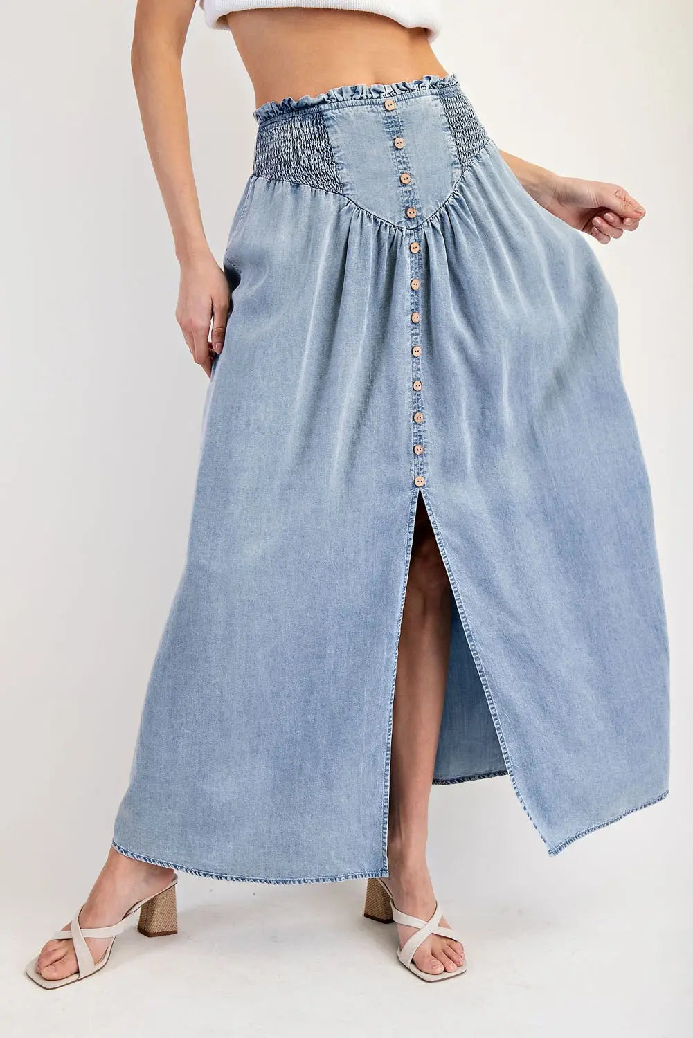 Denim Boho Front Slit Maxi Skirt