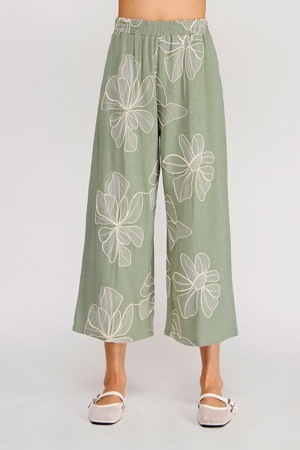 Floral Embroidered Soft Linen Elastic Waist Cropped Pant