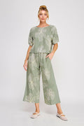 Floral Embroidered Soft Linen Elastic Waist Cropped Pant