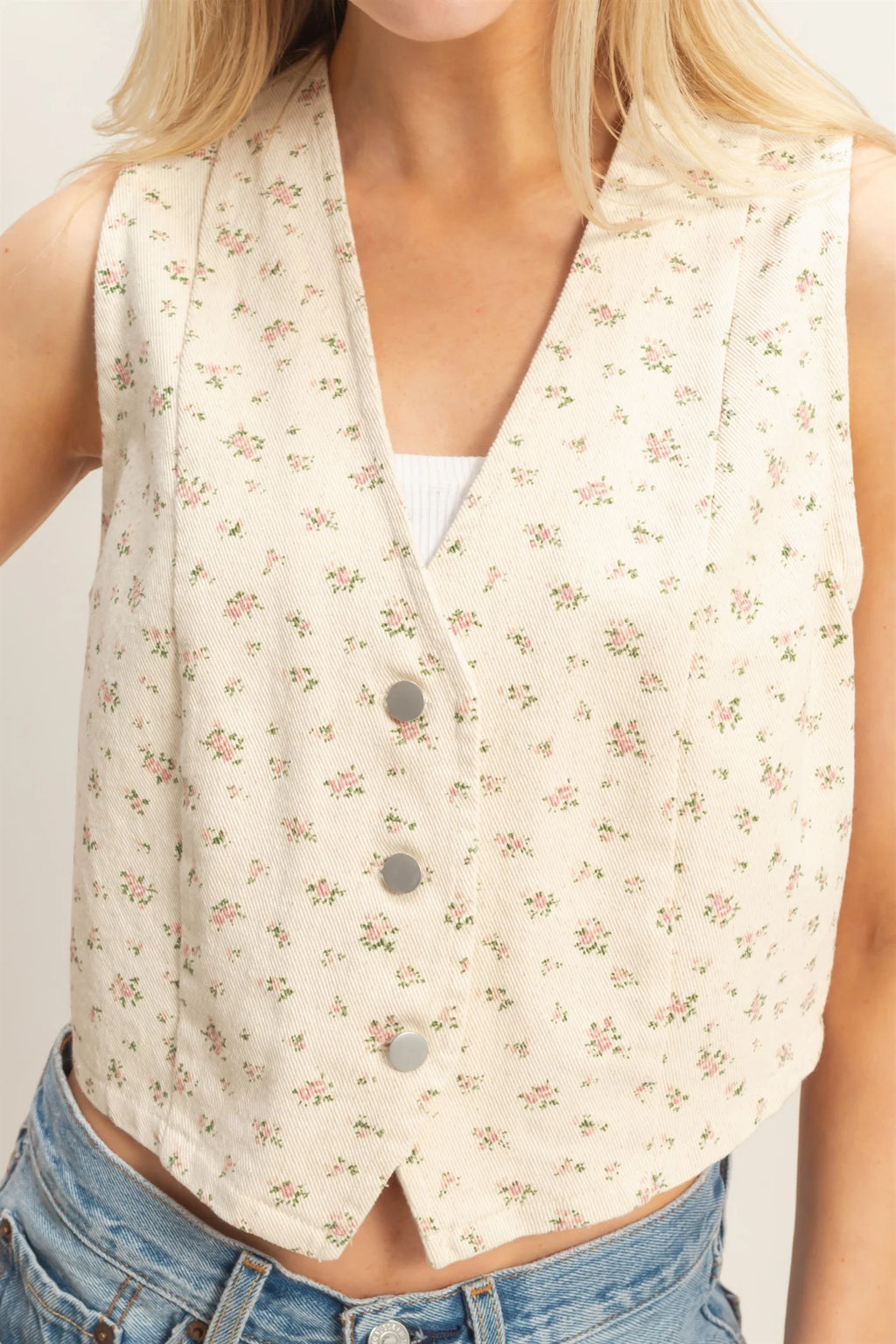 Floral Denim Cream Vest