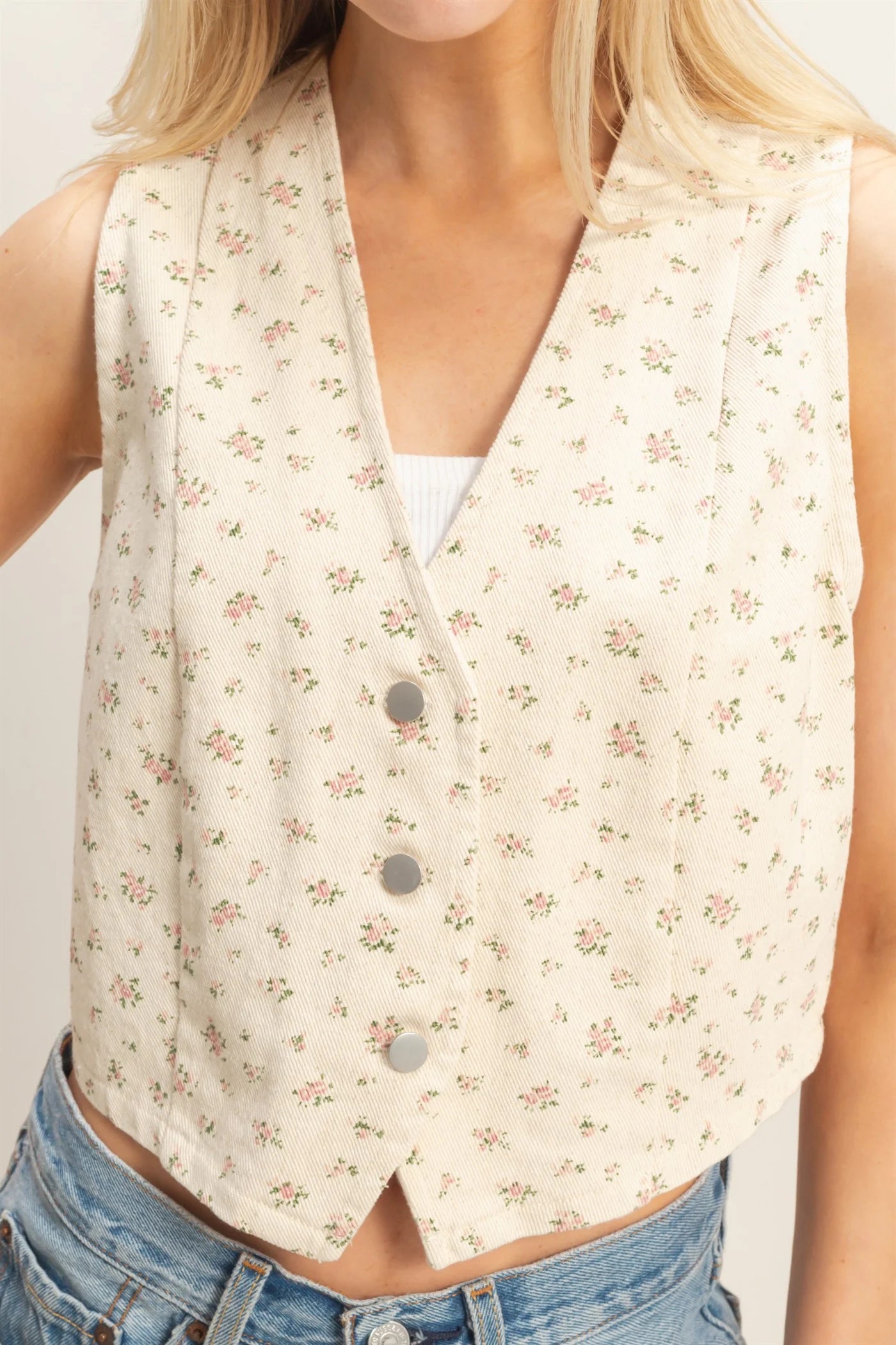 Floral Denim Cream Vest
