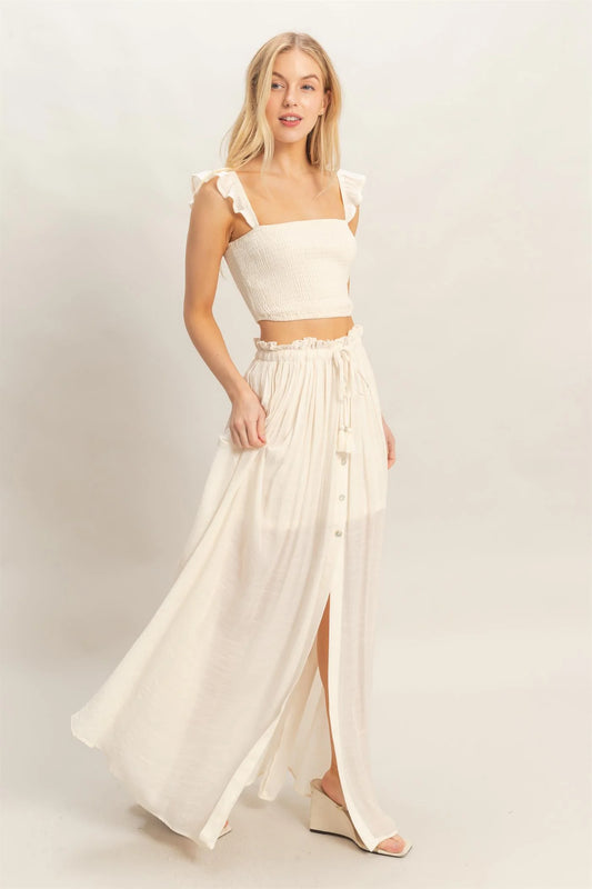 Cream Boho Maxi Skirt w/ Front Buttons and Slit