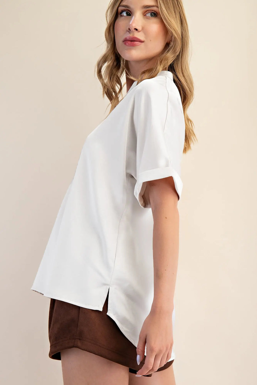 V-Neck Placket Cuffs Sleeve Top