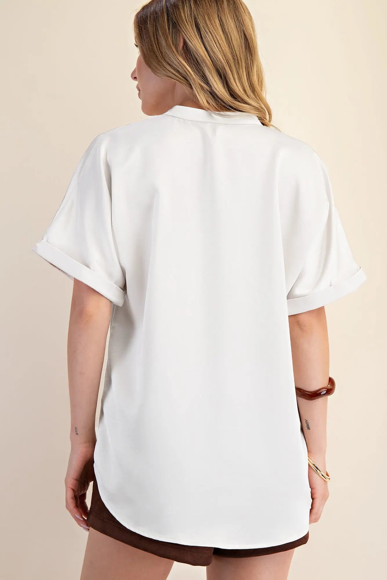 V-Neck Placket Cuffs Sleeve Top