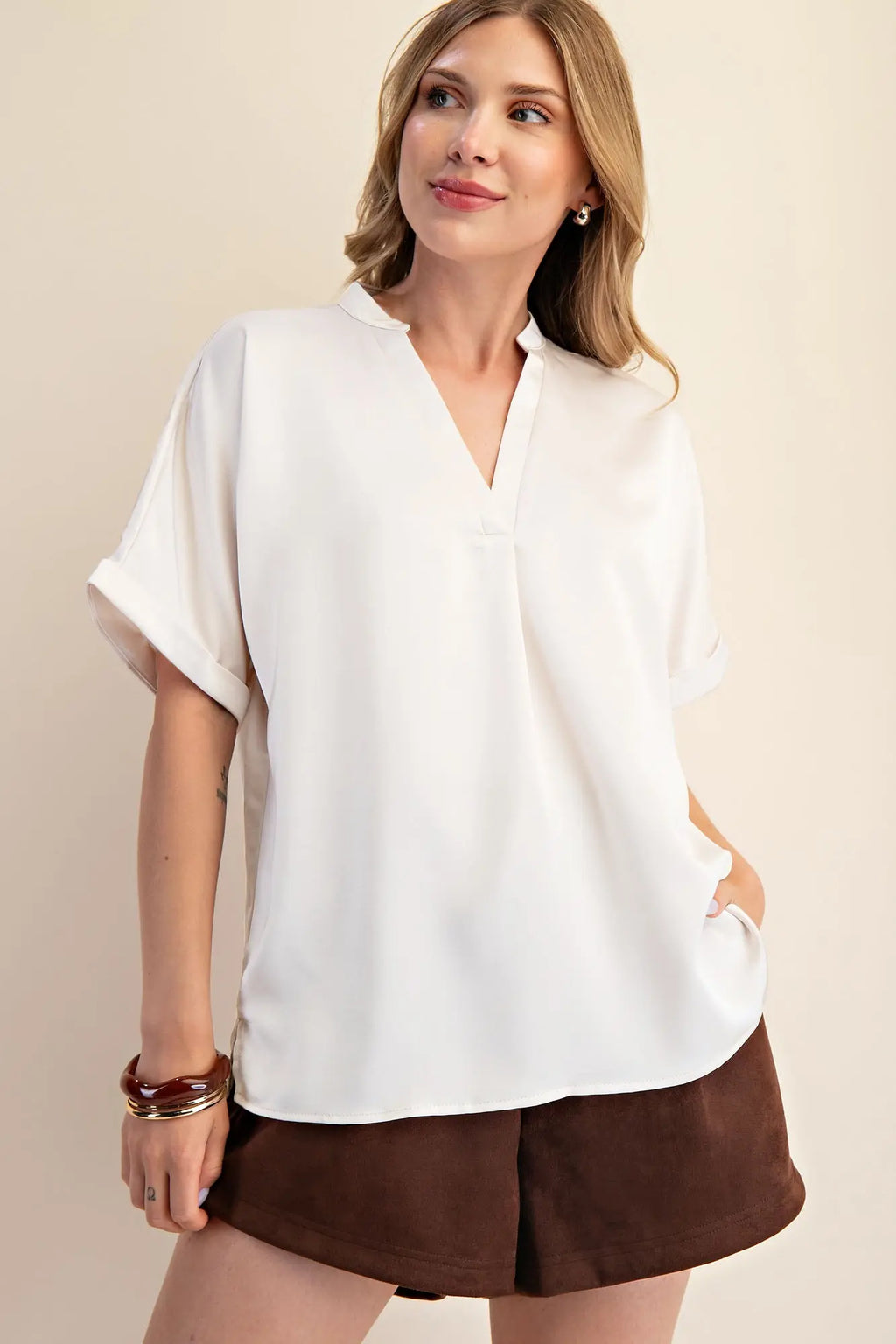 V-Neck Placket Cuffs Sleeve Top