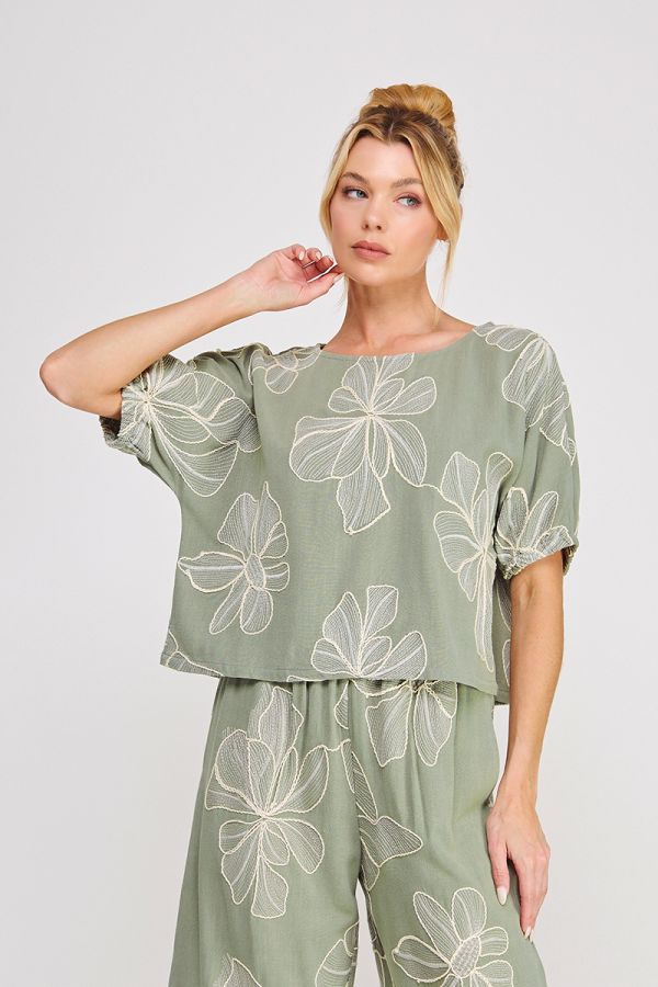 Floral Sage Green Embroidered Linen Top