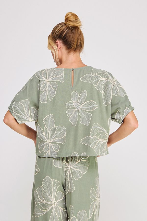 Floral Sage Green Embroidered Linen Top