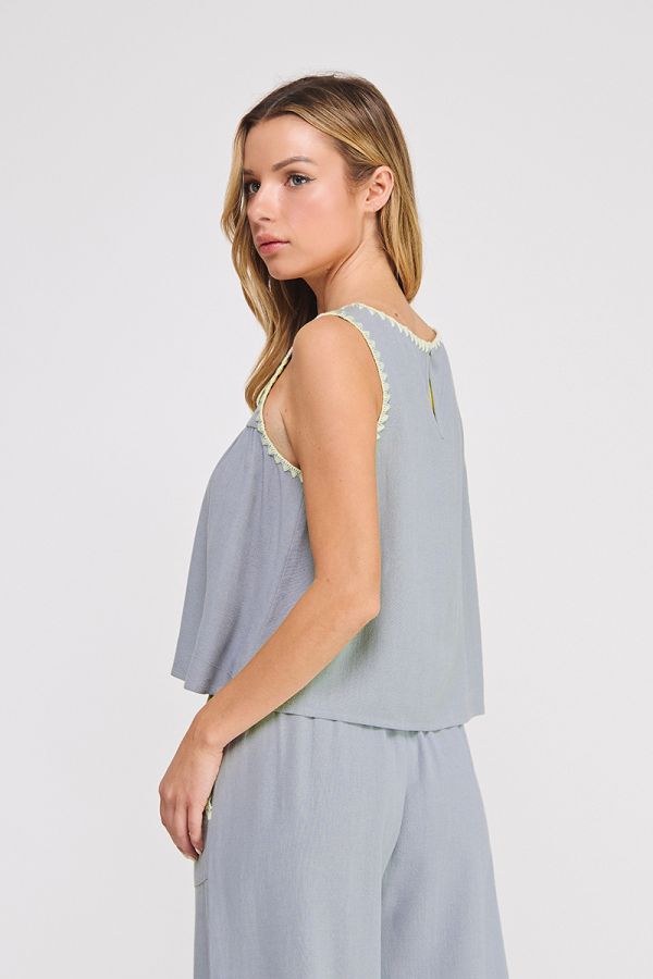 Sleeveless Sage Blue Embroidered Top